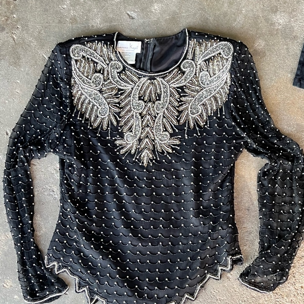 Laurence Kazar Paris New York 100% Silk Elegant Black and Silver Embellished Top
